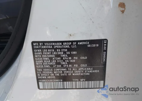 2019 Volkswagen Atlas 3.6L V6 Sel R-Line from USA, damaged, VIN 1V2RR2CAXKC598319